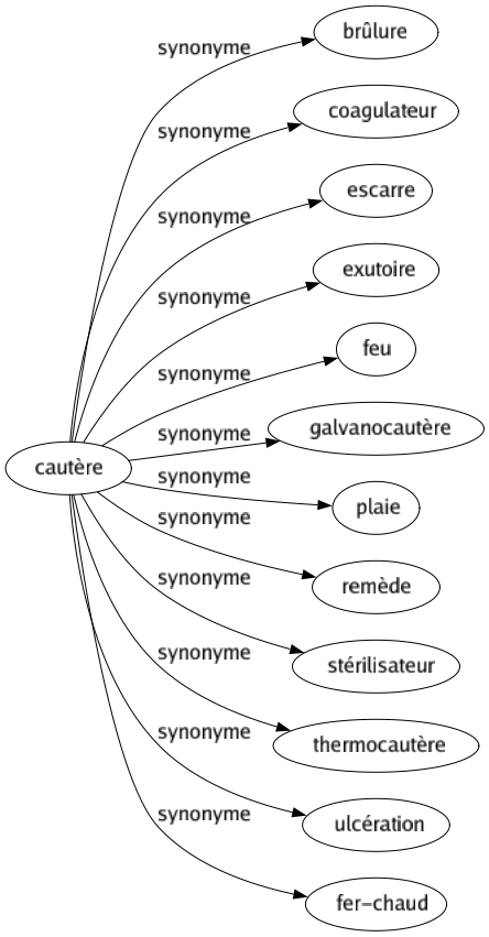 Synonyme de Cautère : Brûlure Coagulateur Escarre Exutoire Feu Galvanocautère Plaie Remède Stérilisateur Thermocautère Ulcération Fer-chaud 