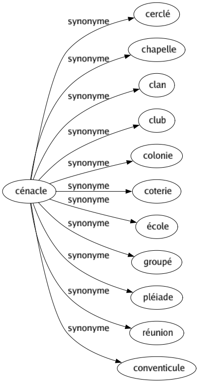 Synonyme de Cénacle : Cerclé Chapelle Clan Club Colonie Coterie École Groupé Pléiade Réunion Conventicule 