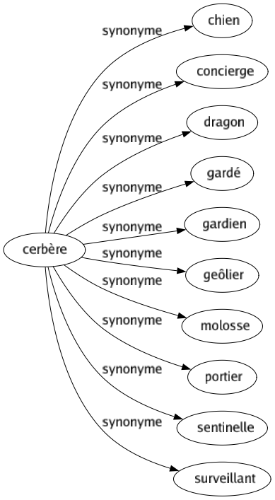 Synonyme de Cerbère : Chien Concierge Dragon Gardé Gardien Geôlier Molosse Portier Sentinelle Surveillant 
