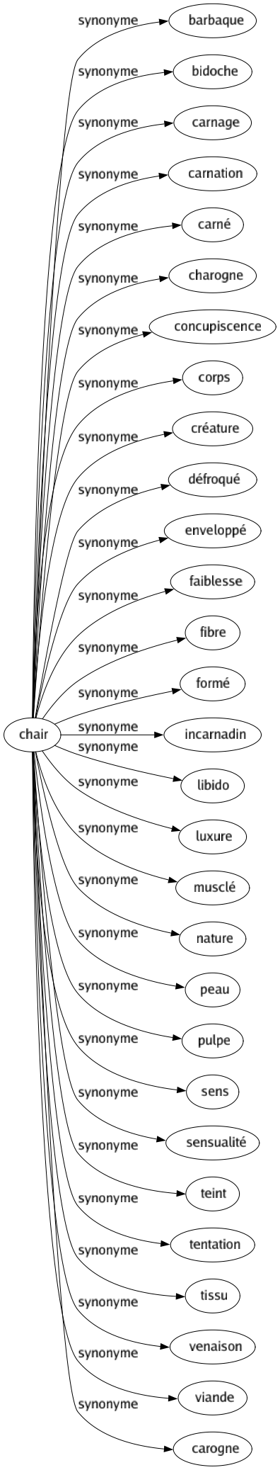 Synonyme de Chair : Barbaque Bidoche Carnage Carnation Carné Charogne Concupiscence Corps Créature Défroqué Enveloppé Faiblesse Fibre Formé Incarnadin Libido Luxure Musclé Nature Peau Pulpe Sens Sensualité Teint Tentation Tissu Venaison Viande Carogne 