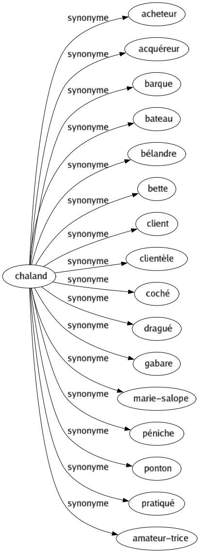 Synonyme de Chaland : Acheteur Acquéreur Barque Bateau Bélandre Bette Client Clientèle Coché Dragué Gabare Marie-salope Péniche Ponton Pratiqué Amateur-trice 