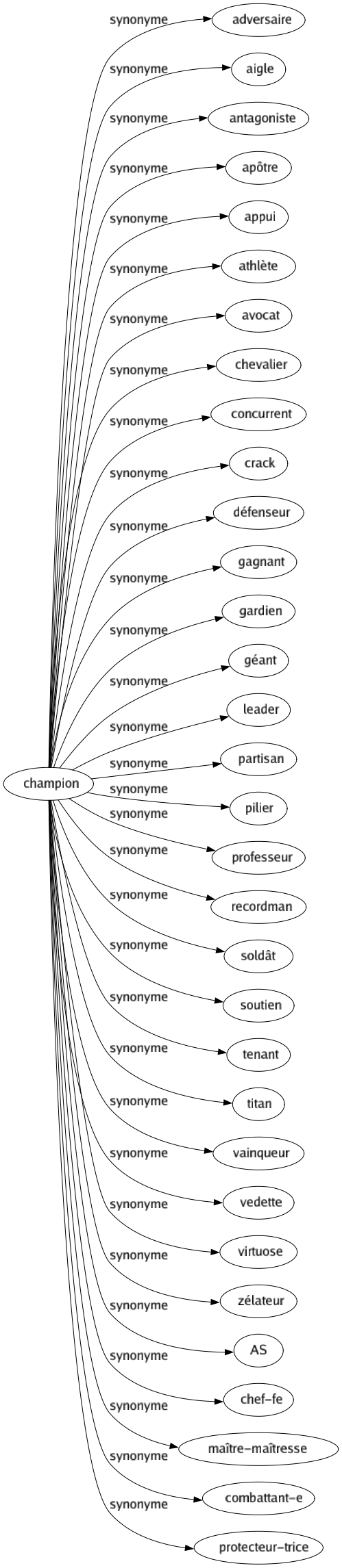 Synonyme de Champion : Adversaire Aigle Antagoniste Apôtre Appui Athlète Avocat Chevalier Concurrent Crack Défenseur Gagnant Gardien Géant Leader Partisan Pilier Professeur Recordman Soldât Soutien Tenant Titan Vainqueur Vedette Virtuose Zélateur As Chef-fe Maître-maîtresse Combattant-e Protecteur-trice 
