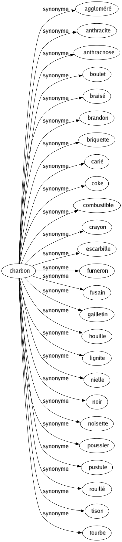 Synonyme de Charbon : Aggloméré Anthracite Anthracnose Boulet Braisé Brandon Briquette Carié Coke Combustible Crayon Escarbille Fumeron Fusain Gailletin Houille Lignite Nielle Noir Noisette Poussier Pustule Rouillé Tison Tourbe 