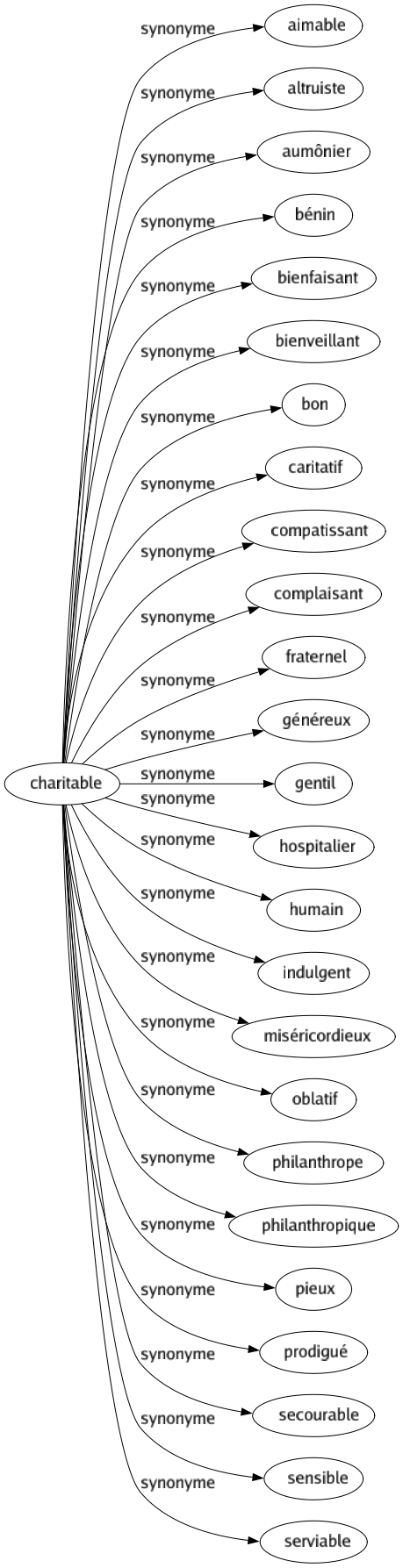 Synonyme de Charitable : Aimable Altruiste Aumônier Bénin Bienfaisant Bienveillant Bon Caritatif Compatissant Complaisant Fraternel Généreux Gentil Hospitalier Humain Indulgent Miséricordieux Oblatif Philanthrope Philanthropique Pieux Prodigué Secourable Sensible Serviable 