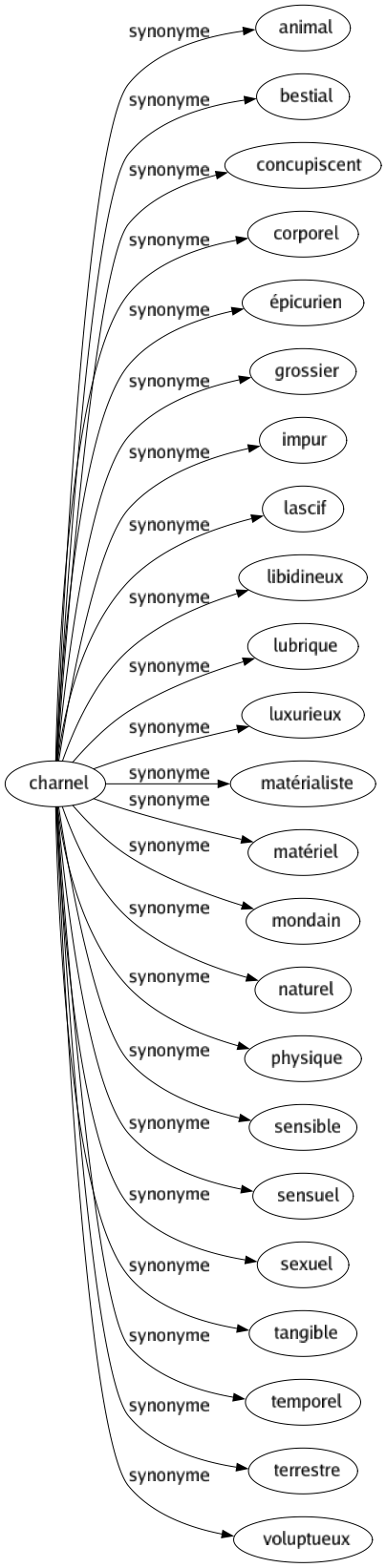 Synonyme de Charnel : Animal Bestial Concupiscent Corporel Épicurien Grossier Impur Lascif Libidineux Lubrique Luxurieux Matérialiste Matériel Mondain Naturel Physique Sensible Sensuel Sexuel Tangible Temporel Terrestre Voluptueux 