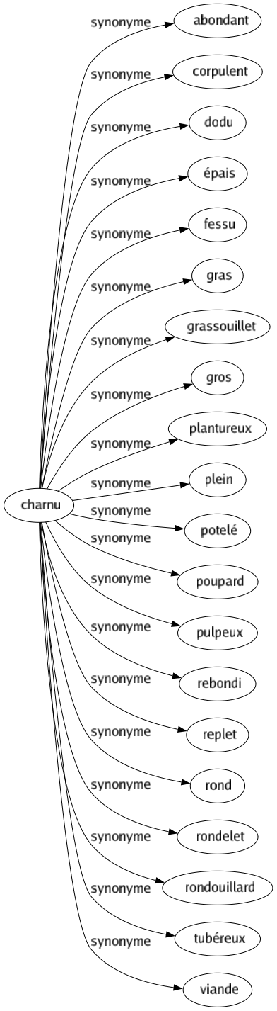 Synonyme de Charnu : Abondant Corpulent Dodu Épais Fessu Gras Grassouillet Gros Plantureux Plein Potelé Poupard Pulpeux Rebondi Replet Rond Rondelet Rondouillard Tubéreux Viande 