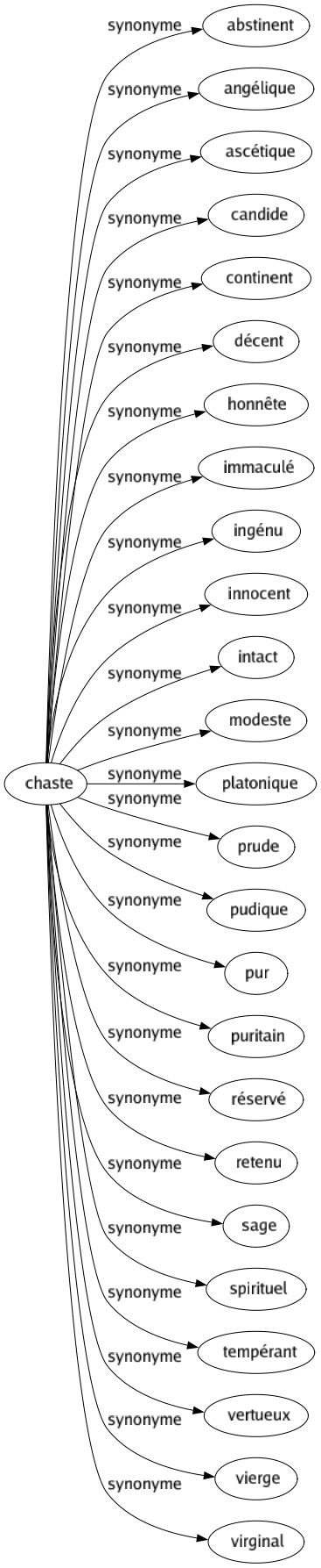 Synonyme de Chaste : Abstinent Angélique Ascétique Candide Continent Décent Honnête Immaculé Ingénu Innocent Intact Modeste Platonique Prude Pudique Pur Puritain Réservé Retenu Sage Spirituel Tempérant Vertueux Vierge Virginal 