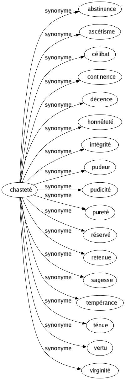 Synonyme de Chasteté : Abstinence Ascétisme Célibat Continence Décence Honnêteté Intégrité Pudeur Pudicité Pureté Réservé Retenue Sagesse Tempérance Ténue Vertu Virginité 