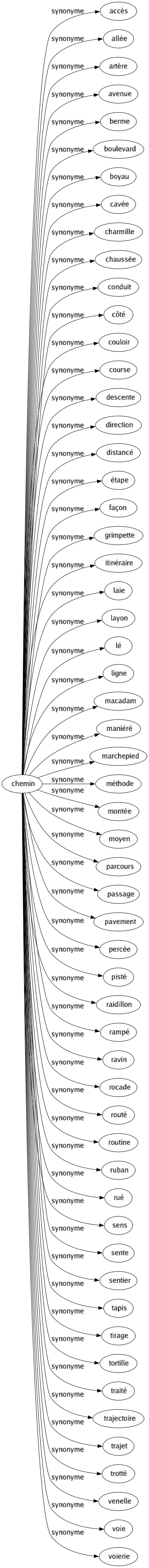 Synonyme de Chemin : Accès Allée Artère Avenue Berme Boulevard Boyau Cavée Charmille Chaussée Conduit Côté Couloir Course Descente Direction Distancé Étape Façon Grimpette Itinéraire Laie Layon Lé Ligne Macadam Maniéré Marchepied Méthode Montée Moyen Parcours Passage Pavement Percée Pisté Raidillon Rampé Ravin Rocade Routé Routine Ruban Rué Sens Sente Sentier Tapis Tirage Tortille Traité Trajectoire Trajet Trotté Venelle Voie Voierie 