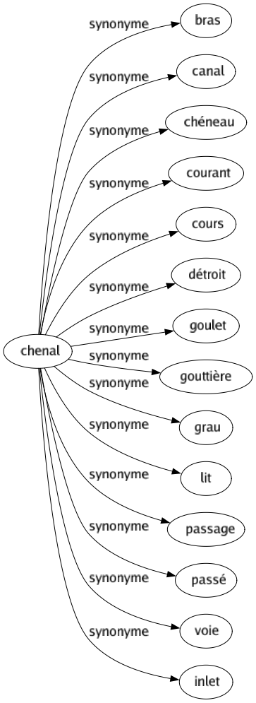 Synonyme de Chenal : Bras Canal Chéneau Courant Cours Détroit Goulet Gouttière Grau Lit Passage Passé Voie Inlet 