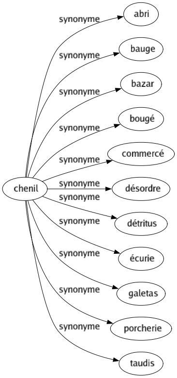 Synonyme de Chenil : Abri Bauge Bazar Bougé Commercé Désordre Détritus Écurie Galetas Porcherie Taudis 