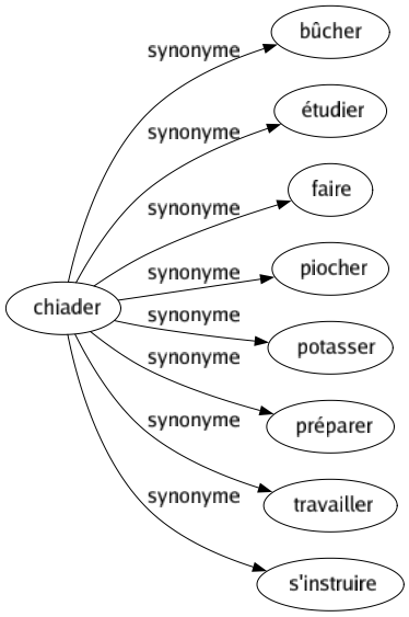Synonyme de Chiader : Bûcher Étudier Faire Piocher Potasser Préparer Travailler S'instruire 