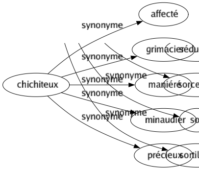 Synonyme de Chichiteux : Affecté Grimacier Maniéré Minaudier Précieux 