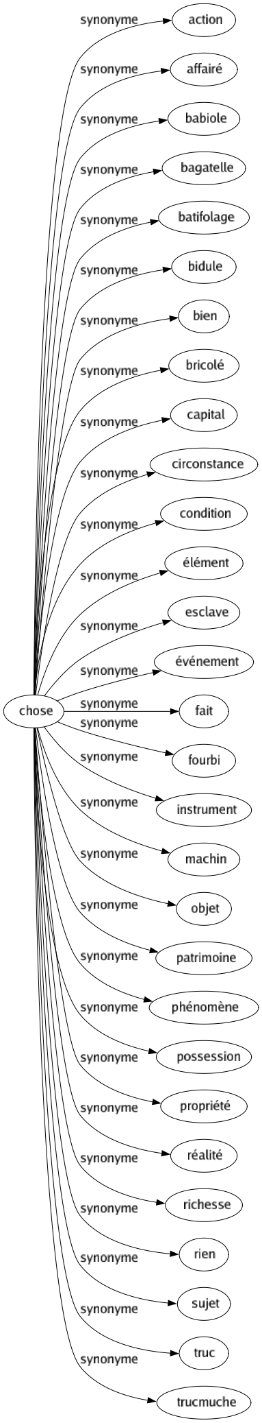 Synonyme de Chose : Action Affairé Babiole Bagatelle Batifolage Bidule Bien Bricolé Capital Circonstance Condition Élément Esclave Événement Fait Fourbi Instrument Machin Objet Patrimoine Phénomène Possession Propriété Réalité Richesse Rien Sujet Truc Trucmuche 