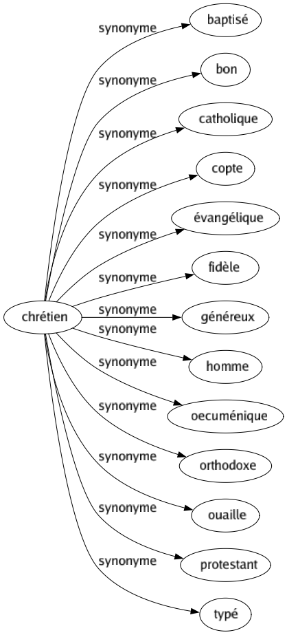 Synonyme de Chrétien : Baptisé Bon Catholique Copte Évangélique Fidèle Généreux Homme Oecuménique Orthodoxe Ouaille Protestant Typé 