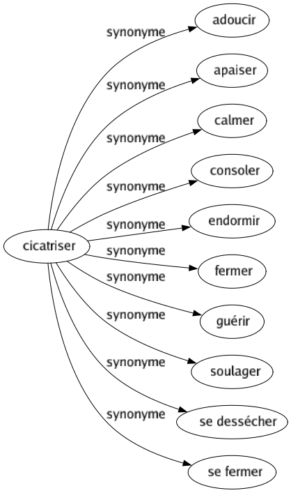 Synonyme de Cicatriser : Adoucir Apaiser Calmer Consoler Endormir Fermer Guérir Soulager Se dessécher Se fermer 