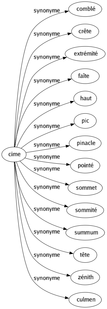 Synonyme de Cime : Comblé Crête Extrémité Faîte Haut Pic Pinacle Pointé Sommet Sommité Summum Tête Zénith Culmen 