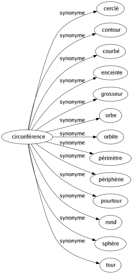 Synonyme de Circonférence : Cerclé Contour Courbé Enceinte Grosseur Orbe Orbite Périmètre Périphérie Pourtour Rond Sphère Tour 