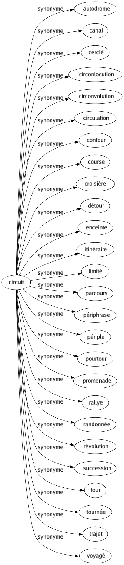 Synonyme de Circuit : Autodrome Canal Cerclé Circonlocution Circonvolution Circulation Contour Course Croisière Détour Enceinte Itinéraire Limité Parcours Périphrase Périple Pourtour Promenade Rallye Randonnée Révolution Succession Tour Tournée Trajet Voyagé 