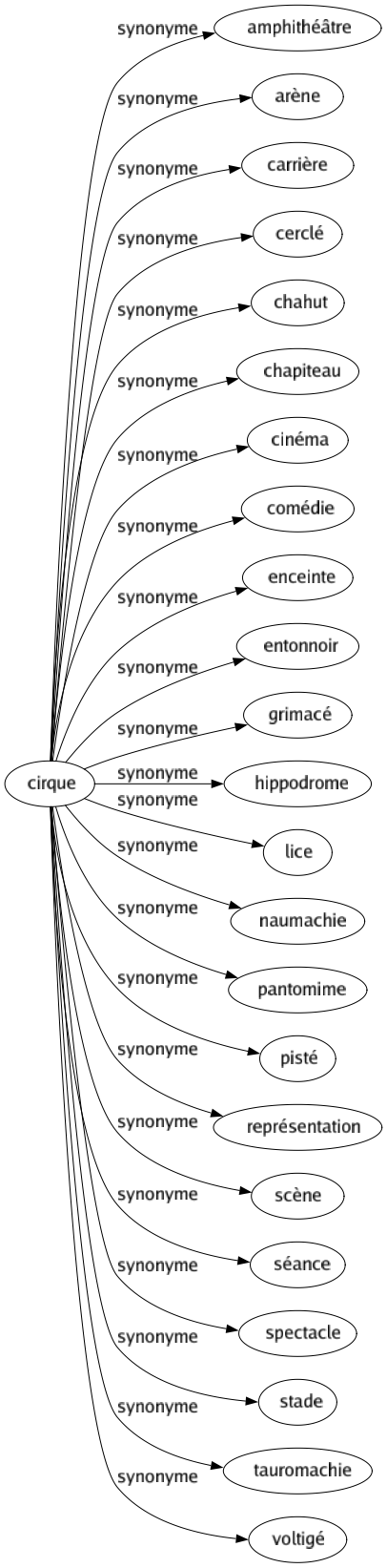 Synonyme de Cirque : Amphithéâtre Arène Carrière Cerclé Chahut Chapiteau Cinéma Comédie Enceinte Entonnoir Grimacé Hippodrome Lice Naumachie Pantomime Pisté Représentation Scène Séance Spectacle Stade Tauromachie Voltigé 