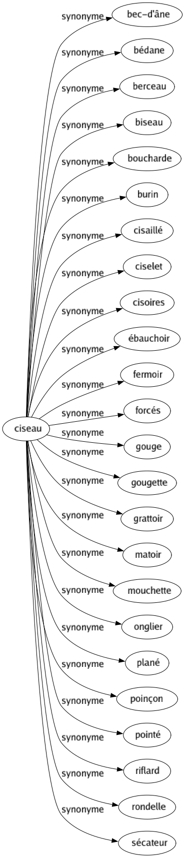 Synonyme de Ciseau : Bec-d'âne Bédane Berceau Biseau Boucharde Burin Cisaillé Ciselet Cisoires Ébauchoir Fermoir Forcés Gouge Gougette Grattoir Matoir Mouchette Onglier Plané Poinçon Pointé Riflard Rondelle Sécateur 