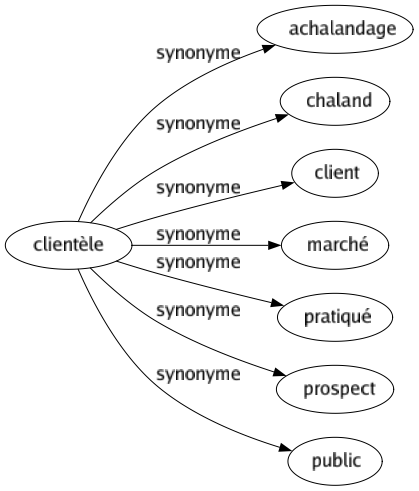 Synonyme de Clientèle : Achalandage Chaland Client Marché Pratiqué Prospect Public 