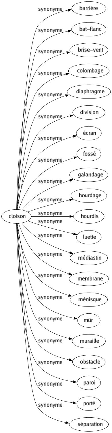Synonyme de Cloison : Barrière Bat-flanc Brise-vent Colombage Diaphragme Division Écran Fossé Galandage Hourdage Hourdis Luette Médiastin Membrane Ménisque Mûr Muraille Obstacle Paroi Porté Séparation 