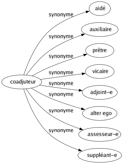Synonyme de Coadjuteur : Aidé Auxiliaire Prêtre Vicaire Adjoint-e Alter ego Assesseur-e Suppléant-e 