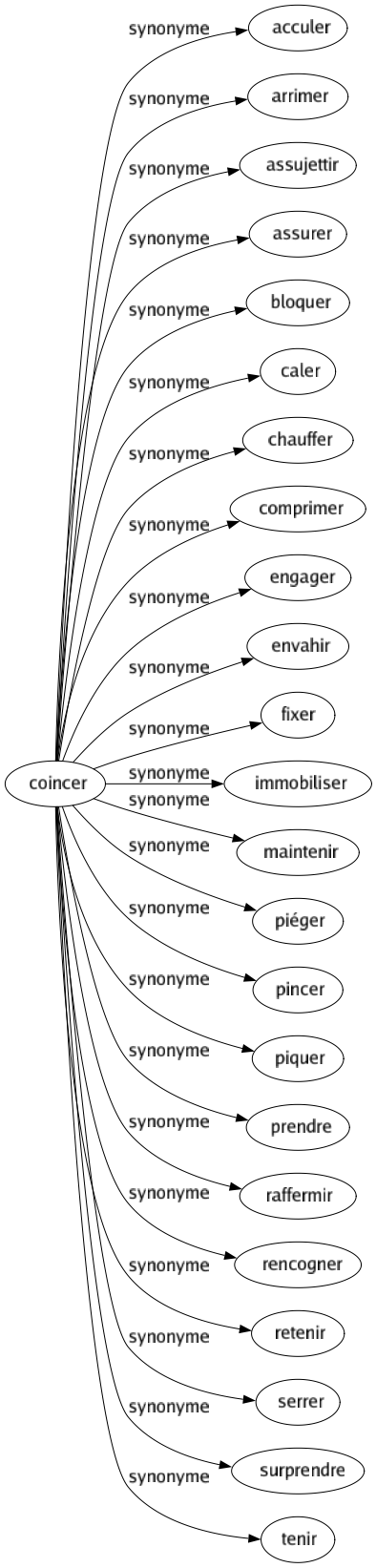 Synonyme de Coincer : Acculer Arrimer Assujettir Assurer Bloquer Caler Chauffer Comprimer Engager Envahir Fixer Immobiliser Maintenir Piéger Pincer Piquer Prendre Raffermir Rencogner Retenir Serrer Surprendre Tenir 