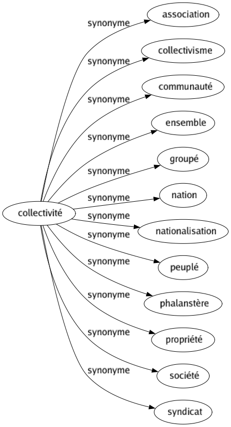 Synonyme de Collectivité : Association Collectivisme Communauté Ensemble Groupé Nation Nationalisation Peuplé Phalanstère Propriété Société Syndicat 