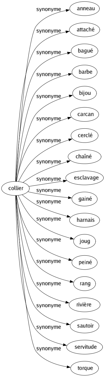 Synonyme de Collier : Anneau Attaché Bagué Barbe Bijou Carcan Cerclé Chaîné Esclavage Gainé Harnais Joug Peiné Rang Rivière Sautoir Servitude Torque 