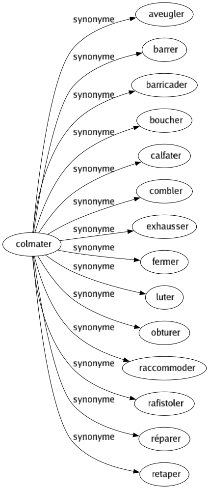 Synonyme de Colmater : Aveugler Barrer Barricader Boucher Calfater Combler Exhausser Fermer Luter Obturer Raccommoder Rafistoler Réparer Retaper 