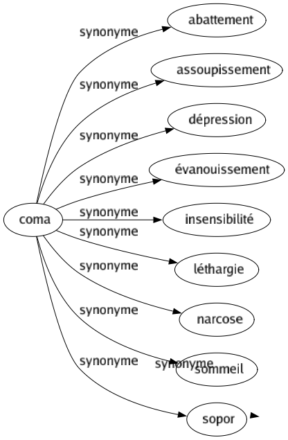 Synonyme de Coma : Abattement Assoupissement Dépression Évanouissement Insensibilité Léthargie Narcose Sommeil Sopor 