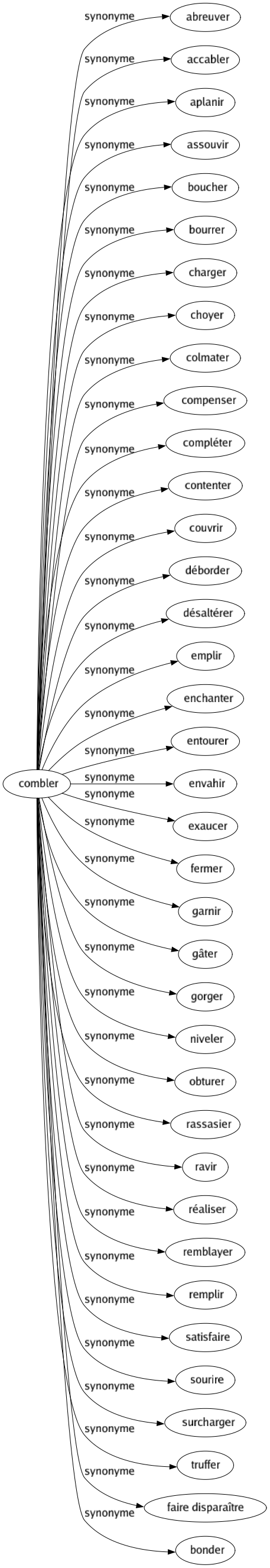 Synonyme de Combler : Abreuver Accabler Aplanir Assouvir Boucher Bourrer Charger Choyer Colmater Compenser Compléter Contenter Couvrir Déborder Désaltérer Emplir Enchanter Entourer Envahir Exaucer Fermer Garnir Gâter Gorger Niveler Obturer Rassasier Ravir Réaliser Remblayer Remplir Satisfaire Sourire Surcharger Truffer Faire disparaître Bonder 