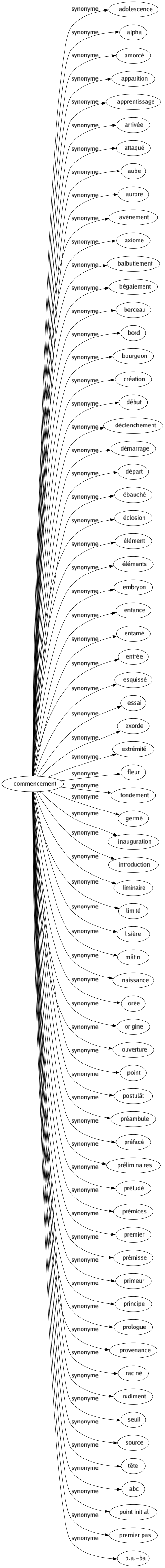 Synonyme de Commencement : Adolescence Alpha Amorcé Apparition Apprentissage Arrivée Attaqué Aube Aurore Avènement Axiome Balbutiement Bégaiement Berceau Bord Bourgeon Création Début Déclenchement Démarrage Départ Ébauché Éclosion Élément Éléments Embryon Enfance Entamé Entrée Esquissé Essai Exorde Extrémité Fleur Fondement Germé Inauguration Introduction Liminaire Limité Lisière Mâtin Naissance Orée Origine Ouverture Point Postulât Préambule Préfacé Préliminaires Préludé Prémices Premier Prémisse Primeur Principe Prologue Provenance Raciné Rudiment Seuil Source Tête Abc Point initial Premier pas B.a.-ba 