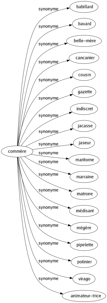 Synonyme de Commère : Babillard Bavard Belle-mère Cancanier Cousin Gazette Indiscret Jacasse Jaseur Maritorne Marraine Matrone Médisant Mégère Pipelette Potinier Virago Animateur-trice 