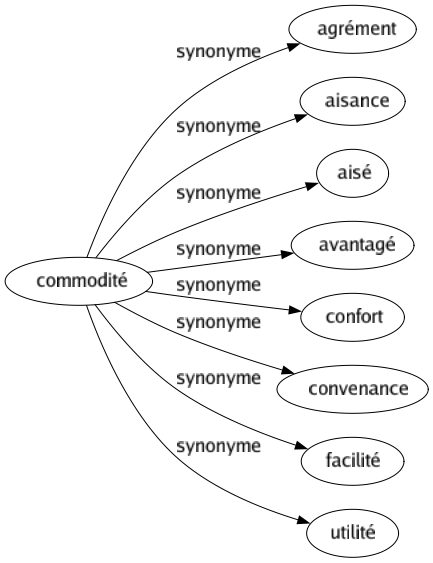 Synonyme de Commodité : Agrément Aisance Aisé Avantagé Confort Convenance Facilité Utilité 