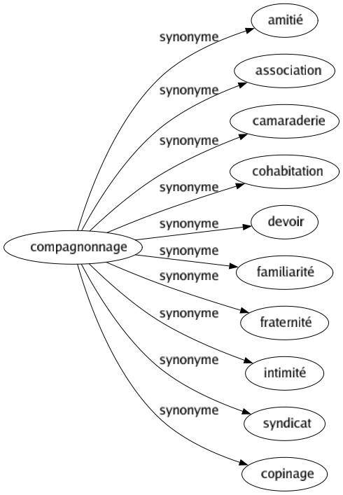Synonyme de Compagnonnage : Amitié Association Camaraderie Cohabitation Devoir Familiarité Fraternité Intimité Syndicat Copinage 