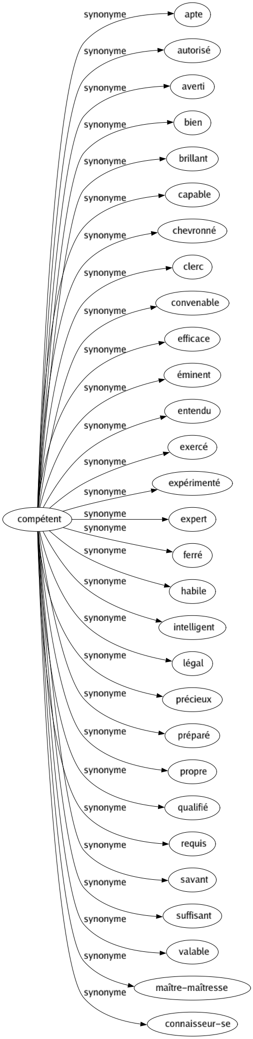 Synonyme de Compétent : Apte Autorisé Averti Bien Brillant Capable Chevronné Clerc Convenable Efficace Éminent Entendu Exercé Expérimenté Expert Ferré Habile Intelligent Légal Précieux Préparé Propre Qualifié Requis Savant Suffisant Valable Maître-maîtresse Connaisseur-se 