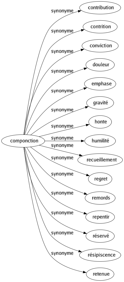 Synonyme de Componction : Contribution Contrition Conviction Douleur Emphase Gravité Honte Humilité Recueillement Regret Remords Repentir Réservé Résipiscence Retenue 