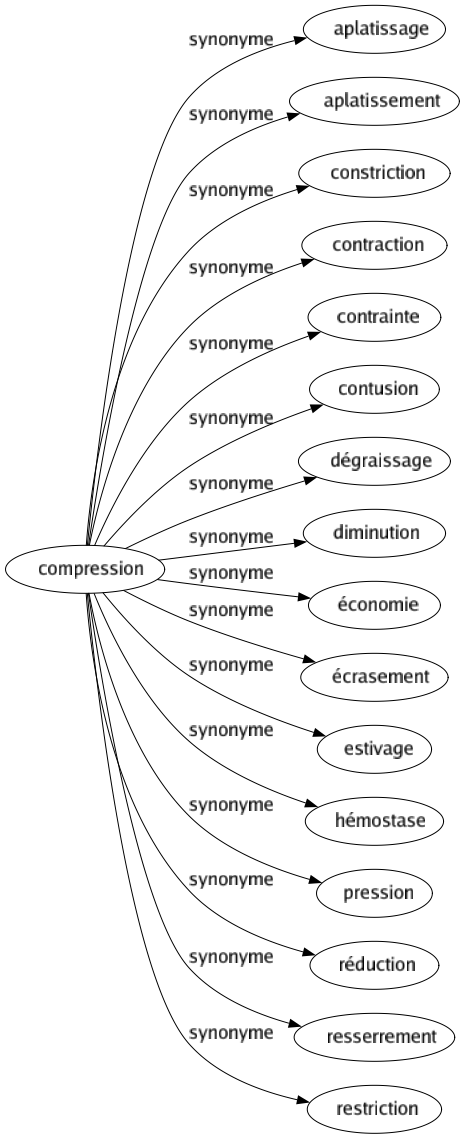 Synonyme de Compression : Aplatissage Aplatissement Constriction Contraction Contrainte Contusion Dégraissage Diminution Économie Écrasement Estivage Hémostase Pression Réduction Resserrement Restriction 
