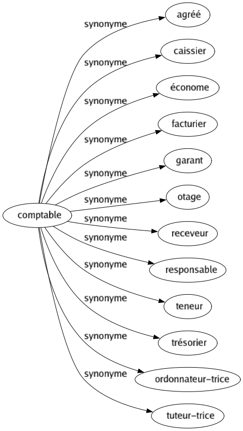 Synonyme de Comptable : Agréé Caissier Économe Facturier Garant Otage Receveur Responsable Teneur Trésorier Ordonnateur-trice Tuteur-trice 