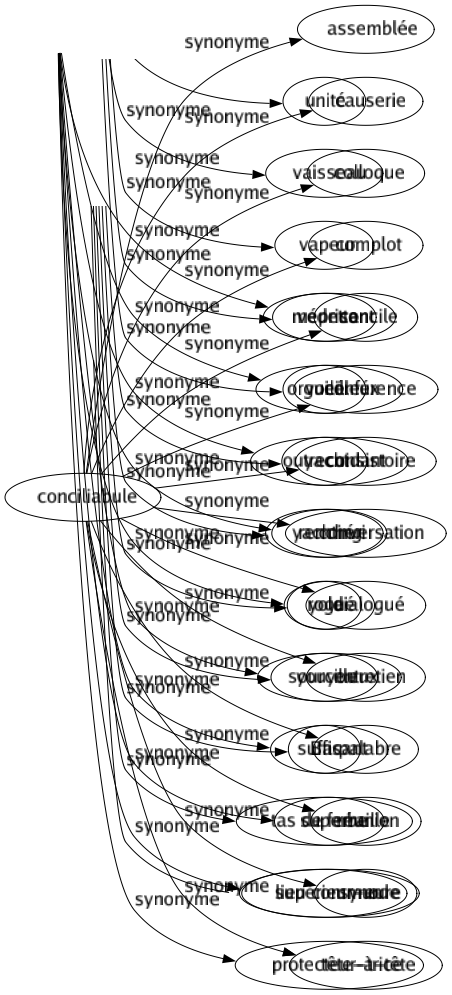 Synonyme de Conciliabule : Assemblée Causerie Colloque Complot Concile Conférence Consistoire Conversation Dialogué Entretien Palabre Réunion Synode Tête-à-tête 