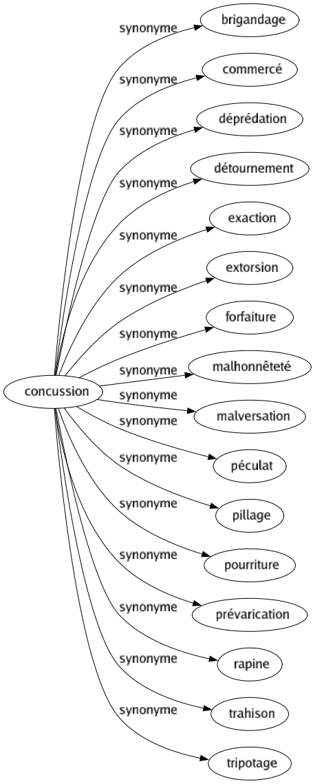 Synonyme de Concussion : Brigandage Commercé Déprédation Détournement Exaction Extorsion Forfaiture Malhonnêteté Malversation Péculat Pillage Pourriture Prévarication Rapine Trahison Tripotage 