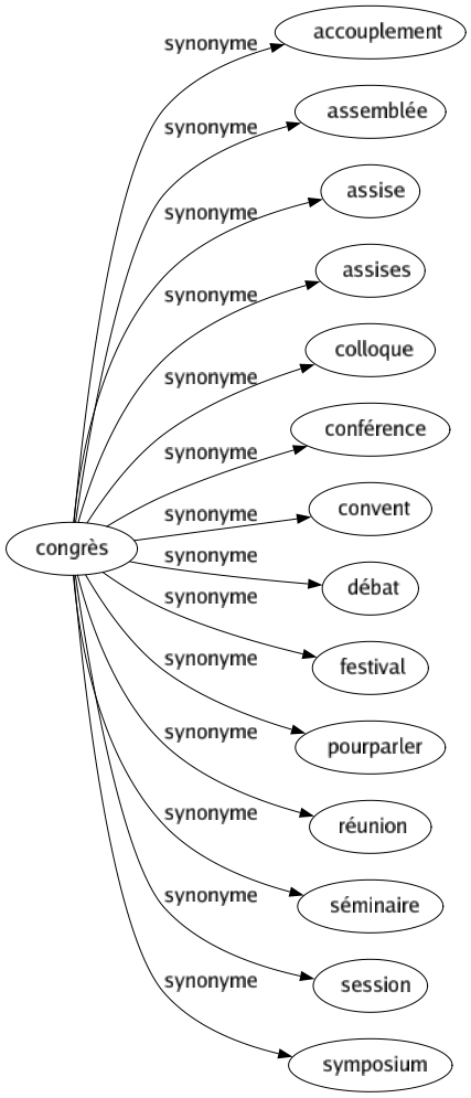 Synonyme de Congrès : Accouplement Assemblée Assise Assises Colloque Conférence Convent Débat Festival Pourparler Réunion Séminaire Session Symposium 