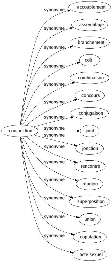 Synonyme de Conjonction : Accouplement Assemblage Branchement Coït Combinaison Concours Conjugaison Joint Jonction Rencontré Réunion Superposition Union Copulation Acte sexuel 