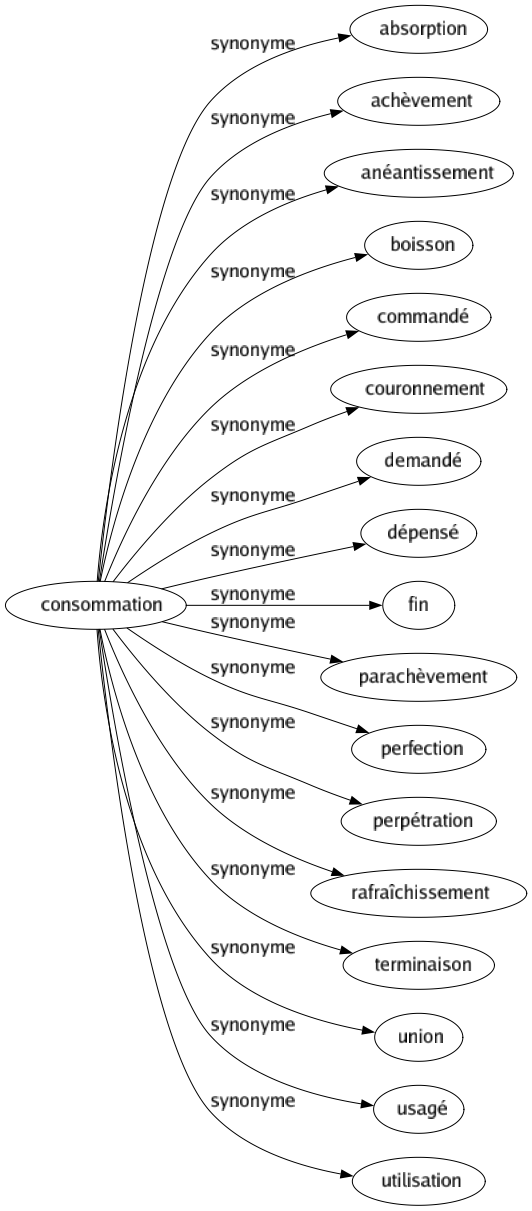Synonyme de Consommation : Absorption Achèvement Anéantissement Boisson Commandé Couronnement Demandé Dépensé Fin Parachèvement Perfection Perpétration Rafraîchissement Terminaison Union Usagé Utilisation 