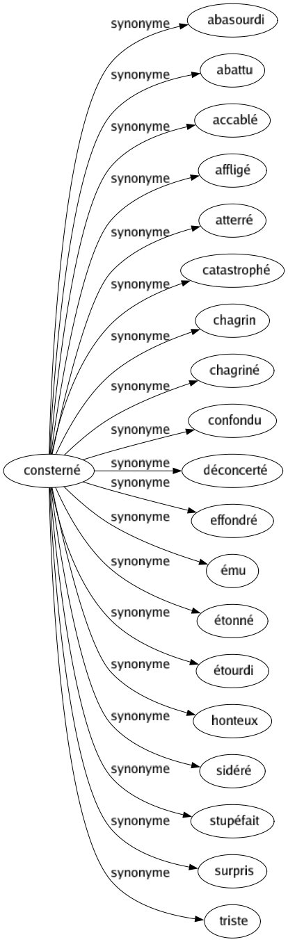 Synonyme de Consterné : Abasourdi Abattu Accablé Affligé Atterré Catastrophé Chagrin Chagriné Confondu Déconcerté Effondré Ému Étonné Étourdi Honteux Sidéré Stupéfait Surpris Triste 