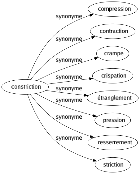Synonyme de Constriction : Compression Contraction Crampe Crispation Étranglement Pression Resserrement Striction 