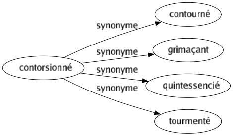Synonyme de Contorsionné : Contourné Grimaçant Quintessencié Tourmenté 